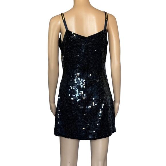 Beaded Sequin Womens Mini Dress Bodycon Party Cocktail Evening S/M Black Gold - Picture 2 of 10